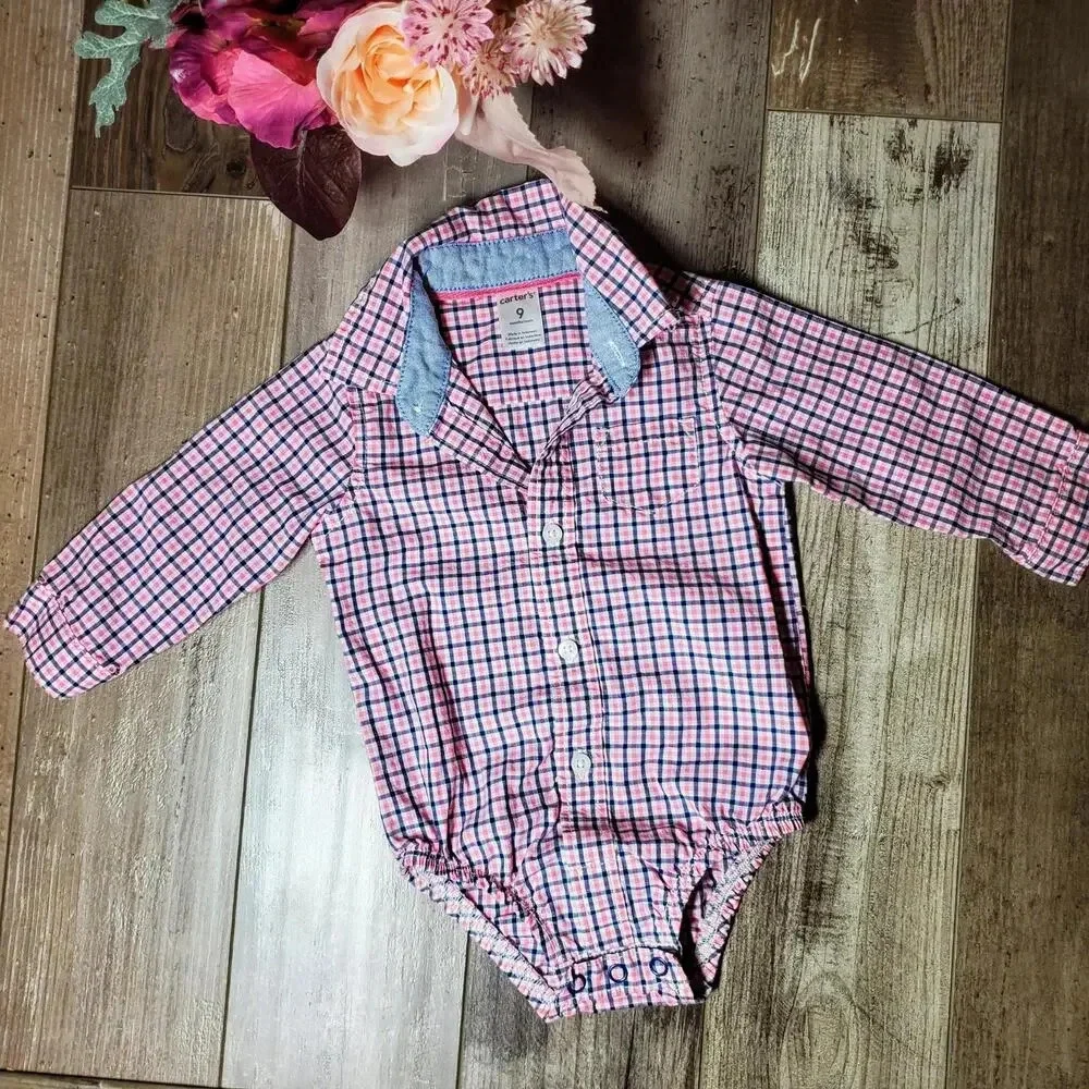 Carter's Baby Boy Size 9m Pink and Blue Plaid 100% Cotton Button Down Shirt